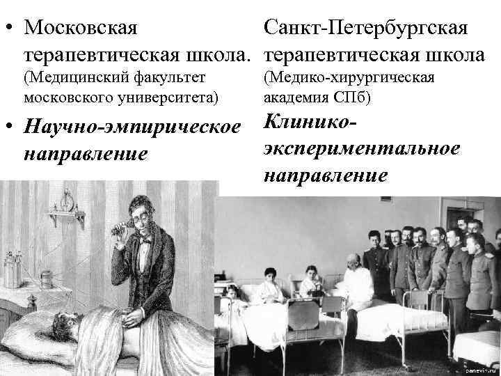 Санкт Петербургская • Московская терапевтическая школа (Медицинский факультет московского университета) (Медико хирургическая академия СПб)