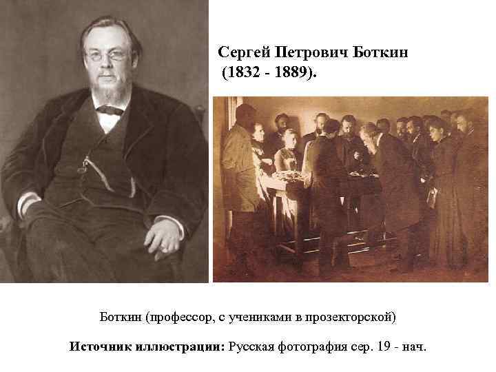 Сергей Петрович Боткин (1832 - 1889). Боткин (профессор, с учениками в прозекторской) Источник иллюстрации: