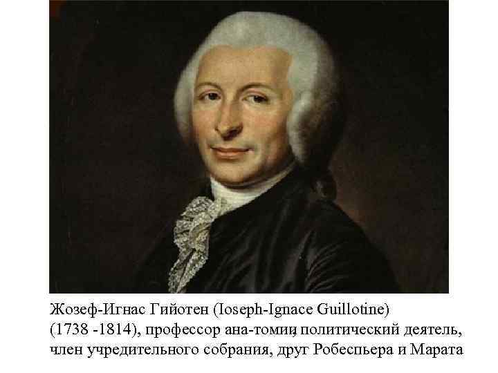Жозеф Игнас Гийотен (Ioseph Ignace Guillotine) (1738 1814), профессор ана томии , политический деятель,