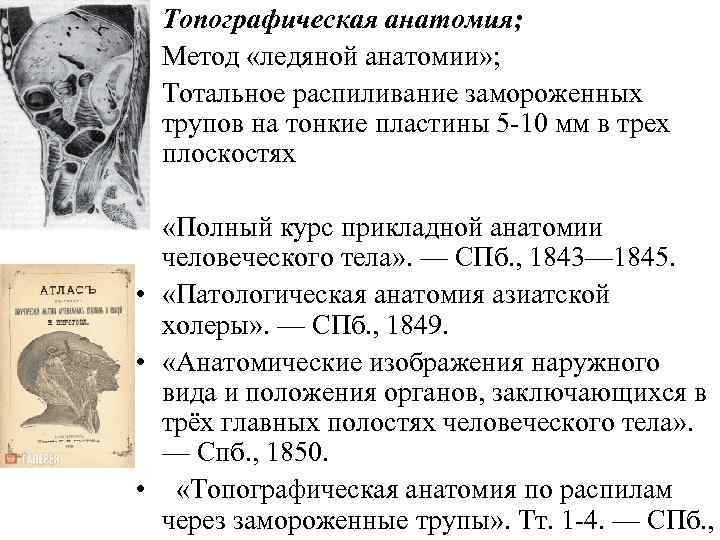  • Топографическая анатомия; • Метод «ледяной анатомии» ; • Тотальное распиливание замороженных трупов