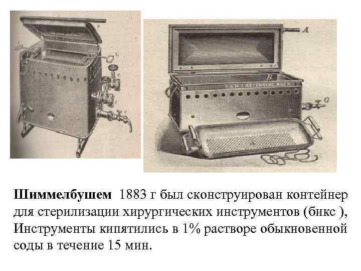 Шиммелбушем 1883 г был сконструирован контейнер для стерилизации хирургических инструментов (бикс ), Инструменты кипятились