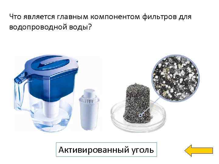 Что является главным компонентом фильтров для водопроводной воды? Активированный уголь 