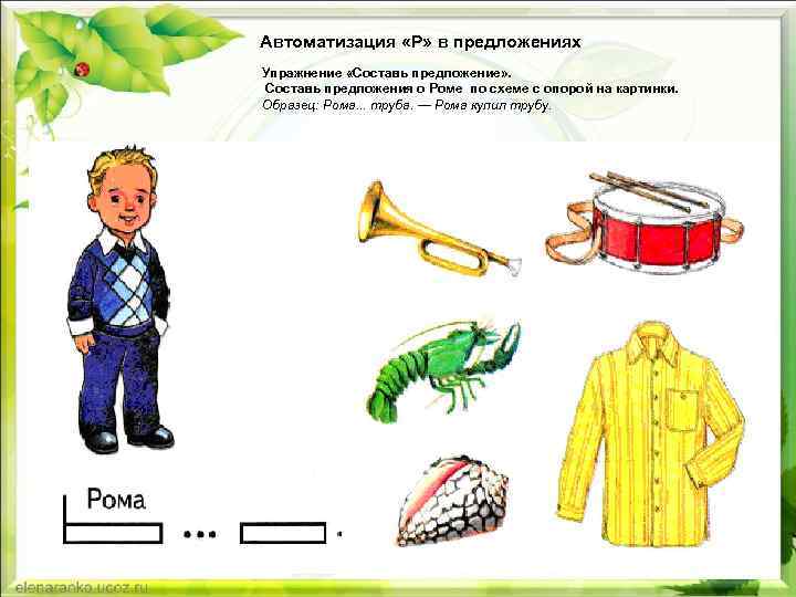 Автоматизация «Р» в предложениях Упражнение «Составь предложение» . Составь предложения о Роме по схеме