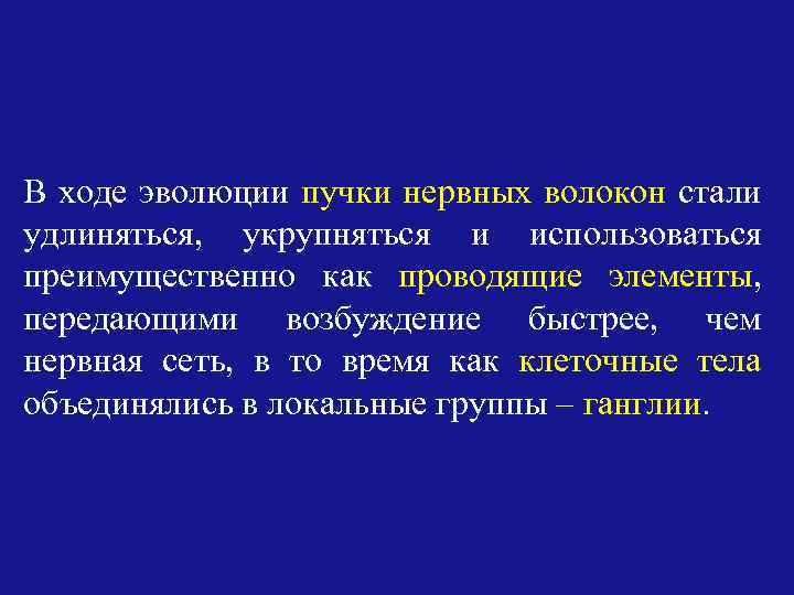 В ходе эволюции пучки нервных волокон стали удлиняться, укрупняться и использоваться преимущественно как проводящие