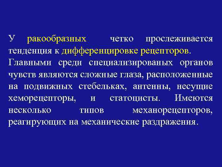 У ракообразных четко прослеживается тенденция к дифференцировке рецепторов. Главными среди специализированых органов чувств являются