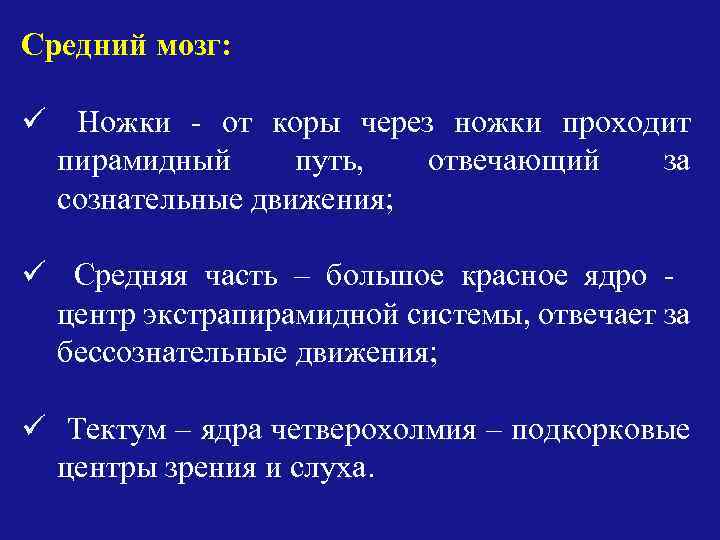 Средний мозг: ü Ножки - от коры через ножки проходит пирамидный путь, отвечающий за