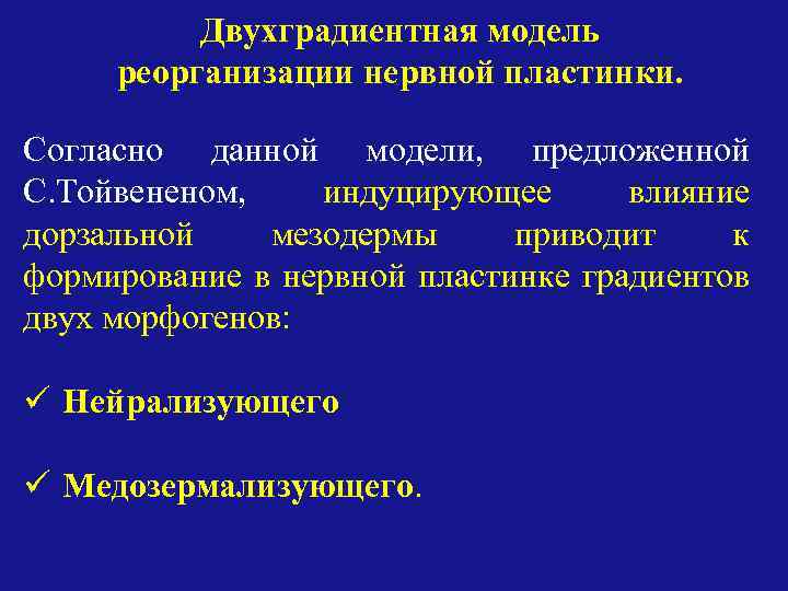 Двухградиентная модель реорганизации нервной пластинки. Согласно данной модели, предложенной С. Тойвененом, индуцирующее влияние дорзальной
