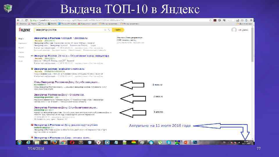 Выдача ТОП-10 в Яндекс 7/14/2016 77 