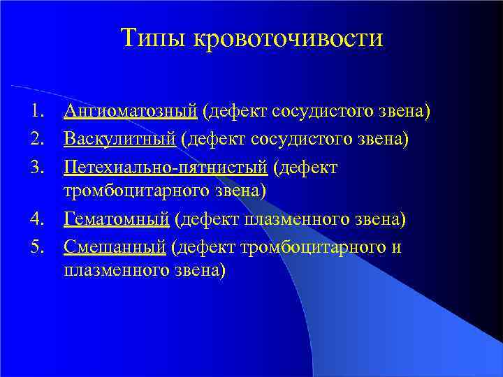 Типы кровоточивости 1. Ангиоматозный (дефект сосудистого звена) 2. Васкулитный (дефект cосудистого звена) 3. Петехиально-пятнистый