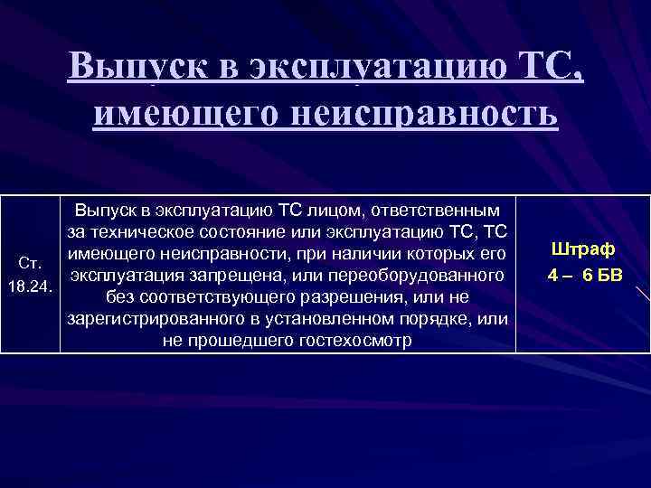 Выпуск в эксплуатацию ТС, имеющего неисправность Выпуск в эксплуатацию ТС лицом, ответственным за техническое