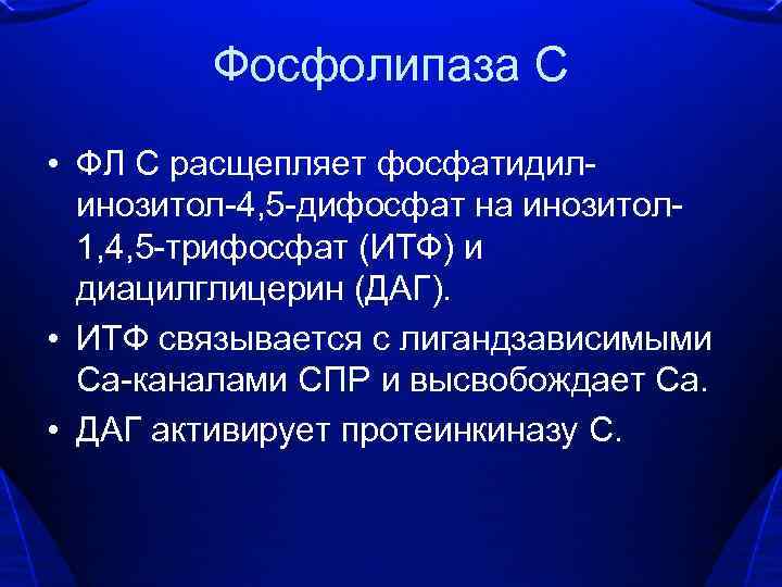 Фосфолипаза С • ФЛ С расщепляет фосфатидилинозитол-4, 5 -дифосфат на инозитол 1, 4, 5