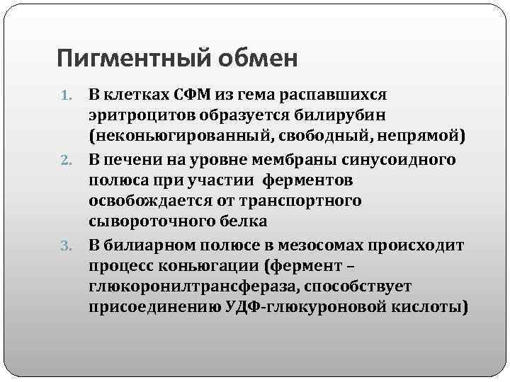 Пигментный обмен В клетках СФМ из гема распавшихся эритроцитов образуется билирубин (неконьюгированный, свободный, непрямой)