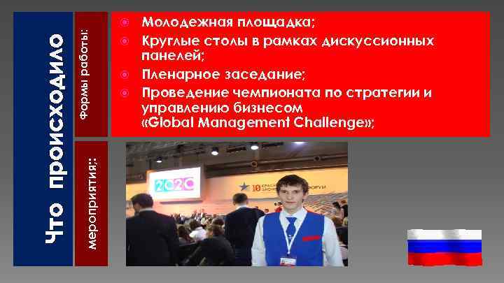 Формы работы: мероприятия; : Что происходило Молодежная площадка; Круглые столы в рамках дискуссионных панелей;