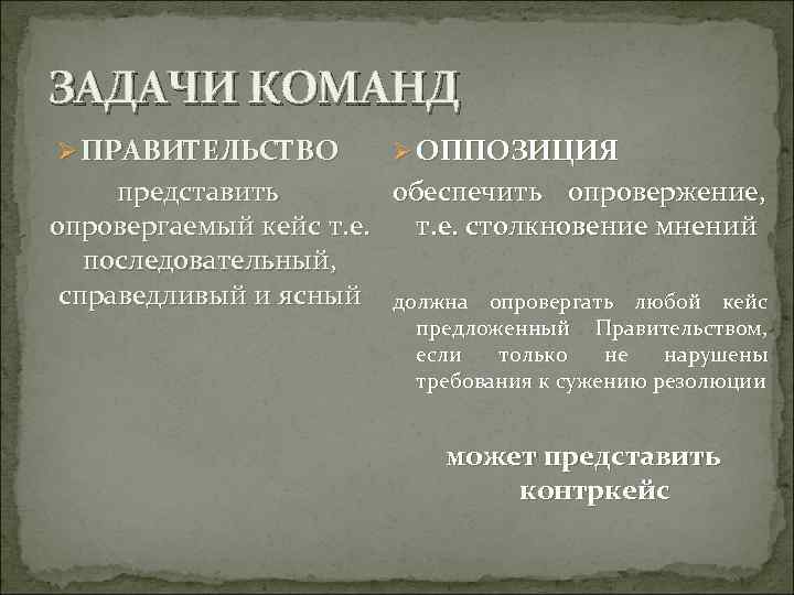 ЗАДАЧИ КОМАНД Ø ПРАВИТЕЛЬСТВО Ø ОППОЗИЦИЯ представить обеспечить опровержение, опровергаемый кейс т. е. столкновение