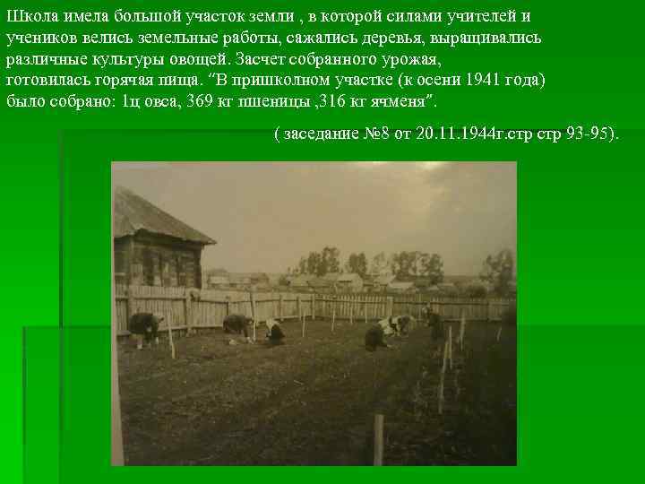 Школа имела большой участок земли , в которой силами учителей и учеников велись земельные