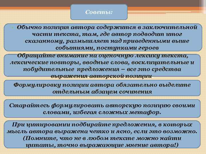 Советы: • Обычно позиция автора содержится в заключительной части текста, там, где автор подводит