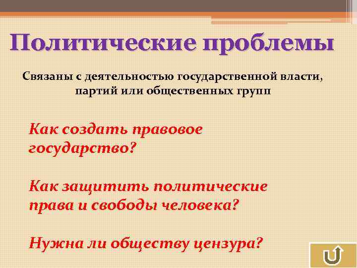 Политические проблемы Связаны с деятельностью государственной власти, партий или общественных групп Как создать правовое