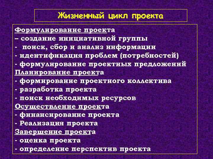 Жизненный цикл проекта Формулирование проекта – создание инициативной группы - поиск, сбор и анализ