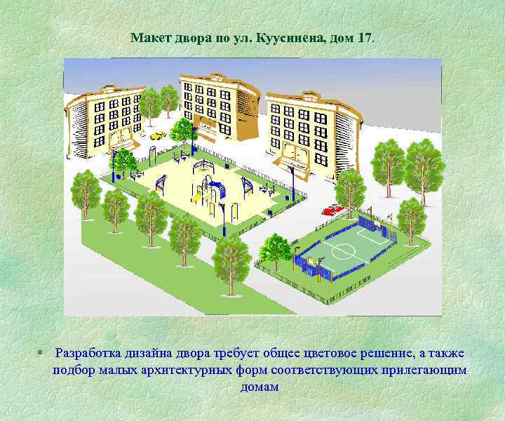 Макет двора по ул. Куусинена, дом 17. § Разработка дизайна двора требует общее цветовое