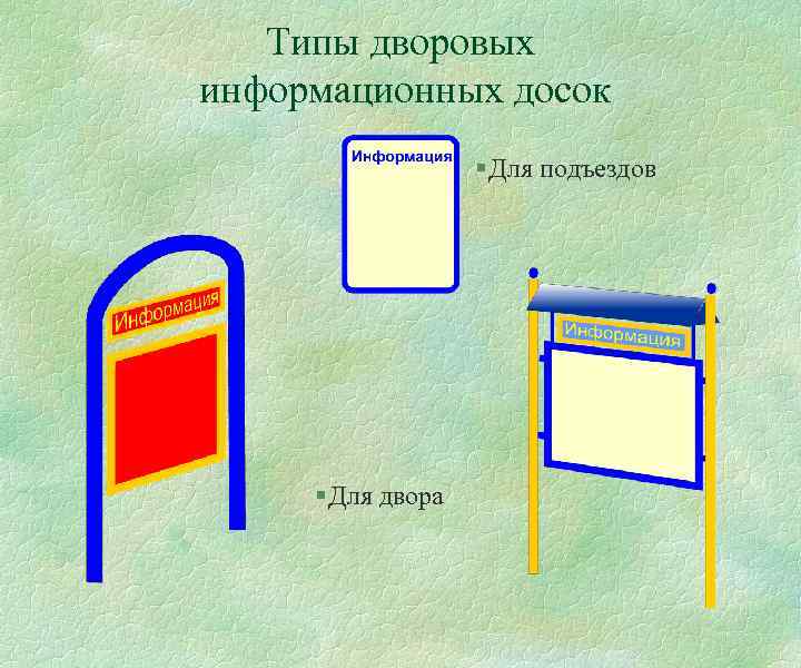 Типы дворовых информационных досок § Для подъездов § Для двора 