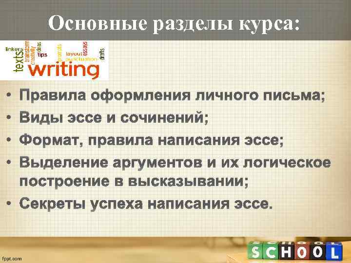 Основные разделы курса: • • Правила оформления личного письма; Виды эссе и сочинений; Формат,