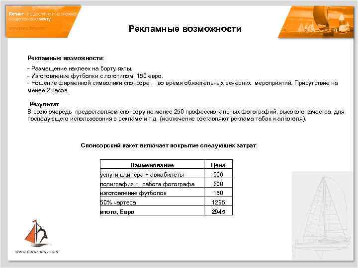 Рекламные возможности: - Размещение наклеек на борту яхты. - Изготовление футболки с логотипом, 150