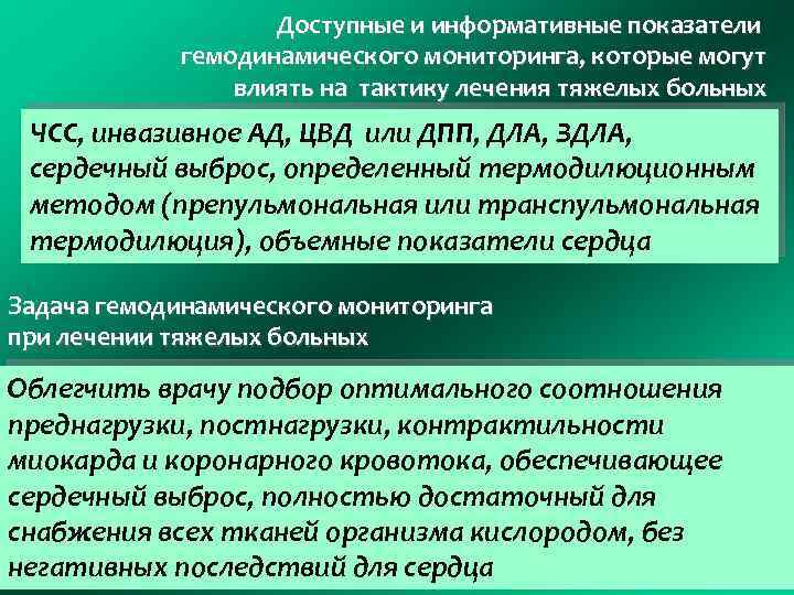 Доступные и информативные показатели гемодинамического мониторинга, которые могут влиять на тактику лечения тяжелых больных