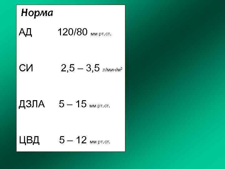 Норма АД 120/80 мм рт. ст. СИ 2, 5 – 3, 5 л/мин/м ДЗЛА
