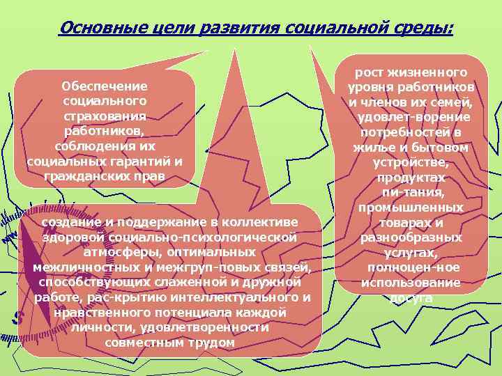 Основные цели развития социальной среды: Обеспечение социального страхования работников, соблюдения их социальных гарантий и
