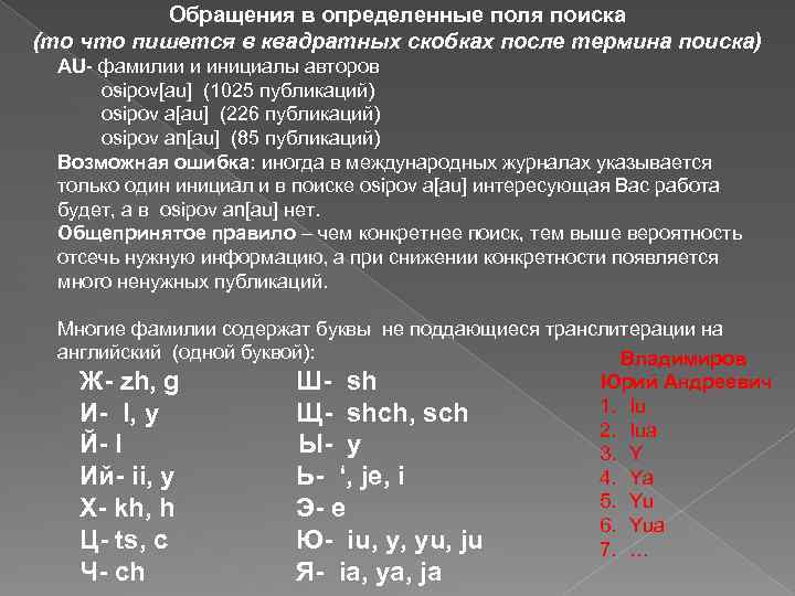Обращения в определенные поля поиска (то что пишется в квадратных скобках после термина поиска)
