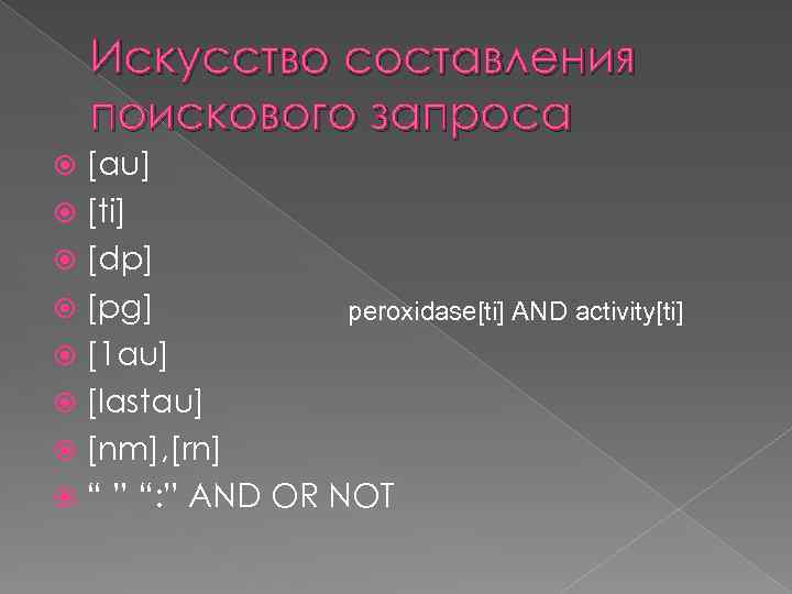 Искусство составления поискового запроса [au] [ti] [dp] [pg] peroxidase[ti] AND activity[ti] [1 au] [lastau]