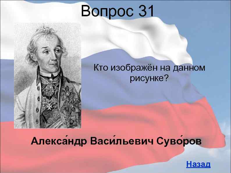 Вопрос 31 Кто изображён на данном рисунке? Алекса ндр Васи льевич Суво ров Назад