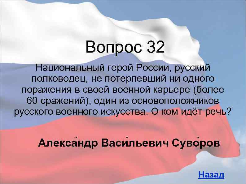 Вопрос 32 Национальный герой России, русский полководец, не потерпевший ни одного поражения в своей