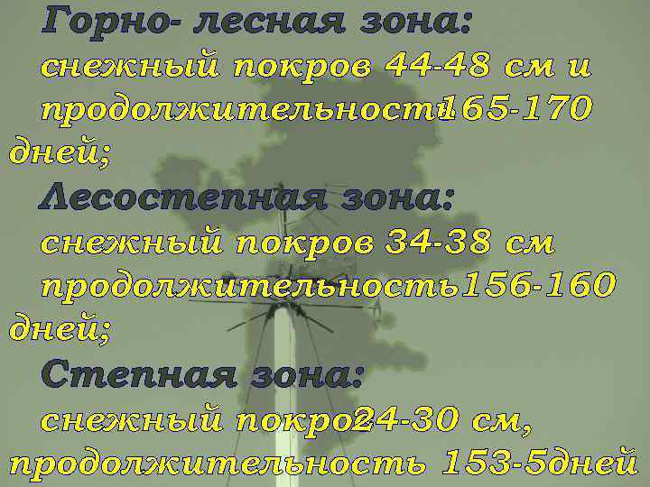 Горно- лесная зона: снежный покров 44 -48 см и продолжительность 165 -170 дней; Лесостепная