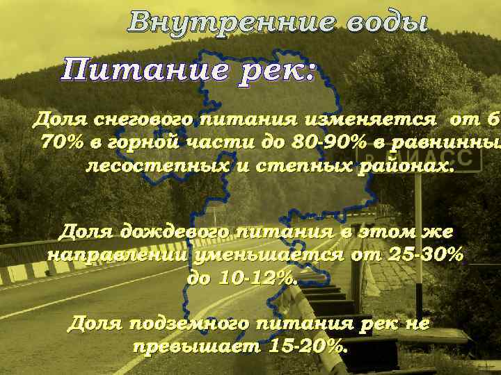 Внутренние воды Питание рек: Доля снегового питания изменяется от 60 70% в горной части