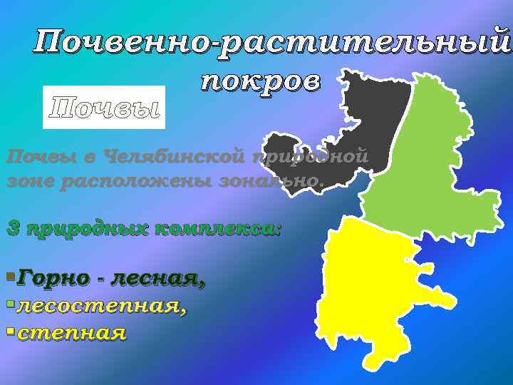 Почвенно-растительный Почвы покров Почвы в Челябинской природной зоне расположены зонально. 3 природных комплекса: §Горно