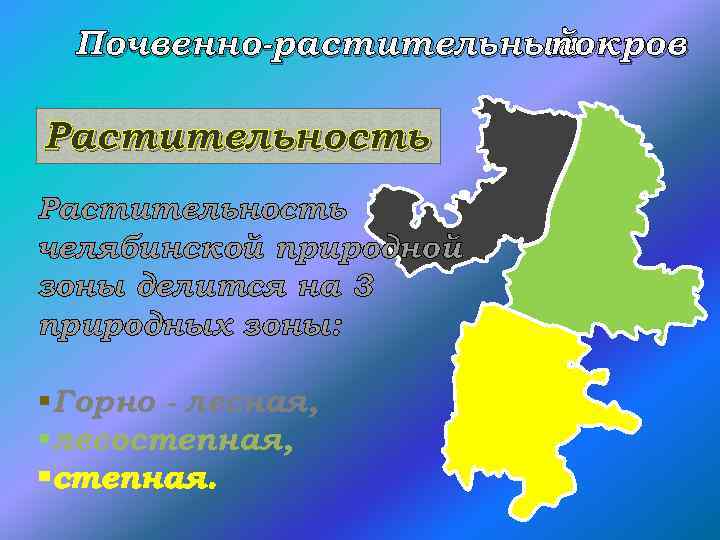 Почвенно-растительный покров Растительность челябинской природной зоны делится на 3 природных зоны: §Горно - лесная,