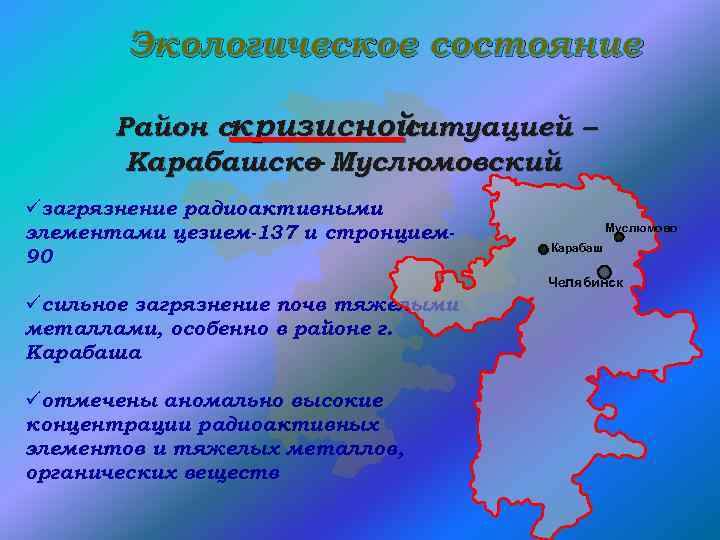 Экологическое состояние Район скризисной итуацией – с Карабашско Муслюмовский – üзагрязнение радиоактивными элементами цезием-137