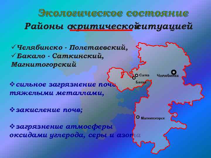 Экологическое состояние Районы с критической ситуацией üЧелябинско - Полетаевский, üБакало - Саткинский, Магнитогорский Сатка