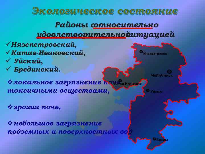 Экологическое состояние Районы с относительно удовлетворительной ситуацией üНязепетровский, üКатав-Ивановский, ü Уйский, ü Брединский. vлокальное