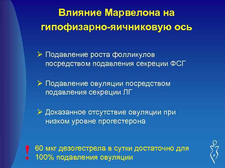 Влияние Марвелона на гипофизарно-яичниковую ось Ø Подавление роста фолликулов посредством подавления секреции ФСГ Ø