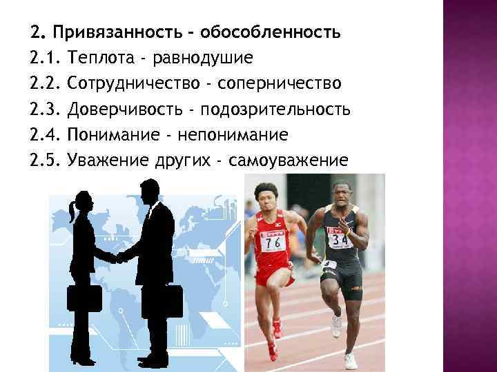 2. Привязанность - обособленность 2. 1. Теплота - равнодушие 2. 2. Сотрудничество - соперничество