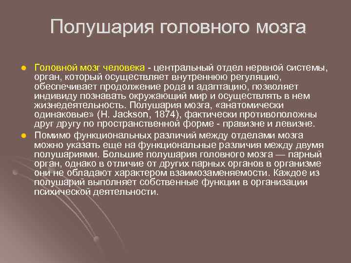  Полушария головного мозга l l Головной мозг человека - центральный отдел нервной системы,