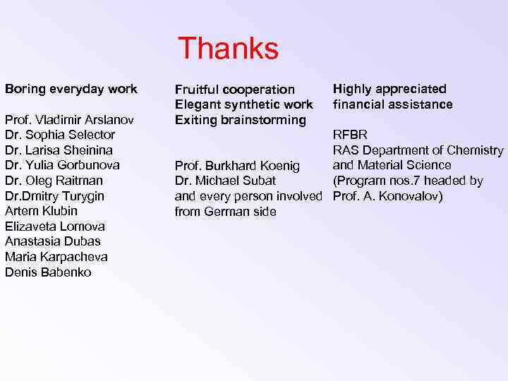 Thanks Boring everyday work Prof. Vladimir Arslanov Dr. Sophia Selector Dr. Larisa Sheinina Dr.