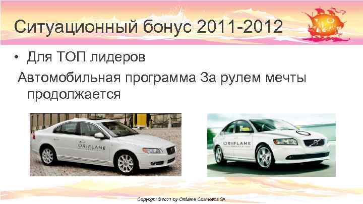 Ситуационный бонус 2011 -2012 • Для ТОП лидеров Автомобильная программа За рулем мечты продолжается