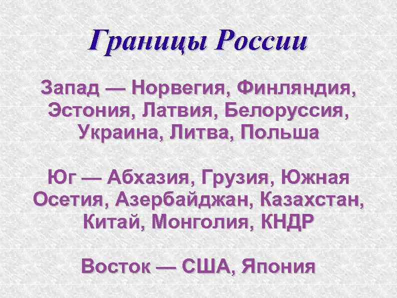 Границы России Запад — Норвегия, Финляндия, Эстония, Латвия, Белоруссия, Украина, Литва, Польша Юг —