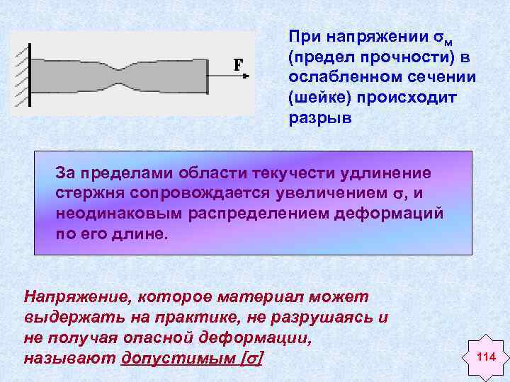 При напряжении м (предел прочности) в ослабленном сечении (шейке) происходит разрыв За пределами области