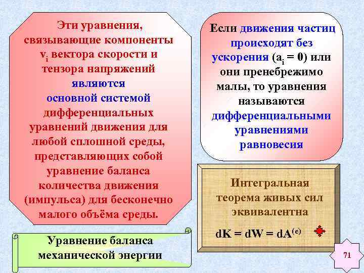 Эти уравнения, связывающие компоненты vi вектора скорости и тензора напряжений являются основной системой дифференциальных