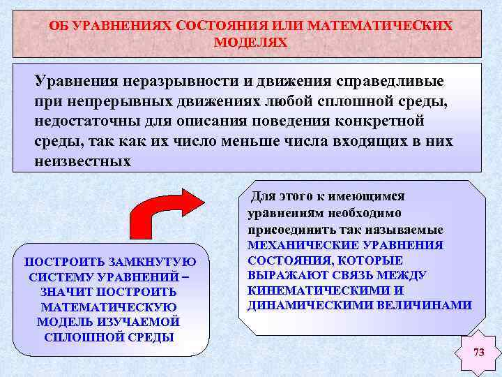 ОБ УРАВНЕНИЯХ СОСТОЯНИЯ ИЛИ МАТЕМАТИЧЕСКИХ МОДЕЛЯХ Уравнения неразрывности и движения справедливые при непрерывных движениях