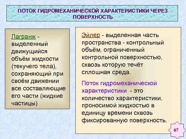 ПОТОК ГИДРОМЕХАНИЧЕСКОЙ ХАРАКТЕРИСТИКИ ЧЕРЕЗ ПОВЕРХНОСТЬ Лагранж выделенный движущийся объём жидкости (текучего тела), сохраняющий при